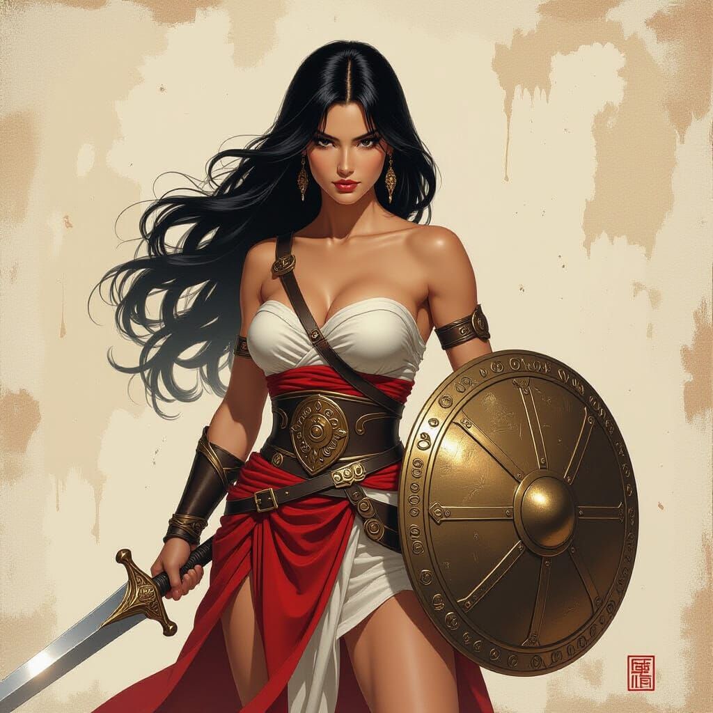 Strong Woman with Sword in Oil Painting Style