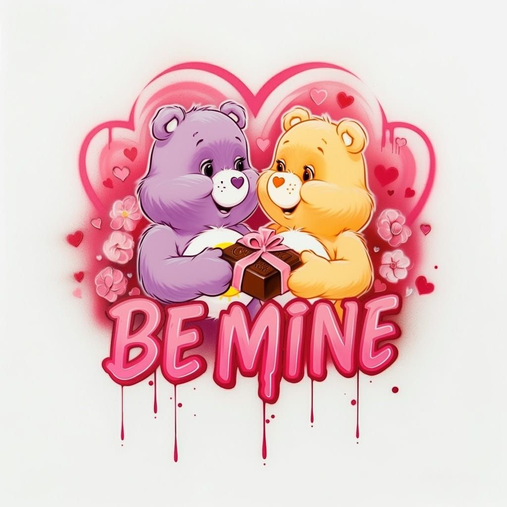 Whimsical Airbrush Art of Care Bears in Bright Colors and He...