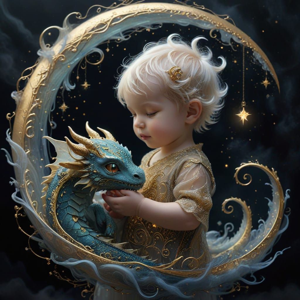 Ethereal Baby Dragon Held by Toddler on Moonlit Night