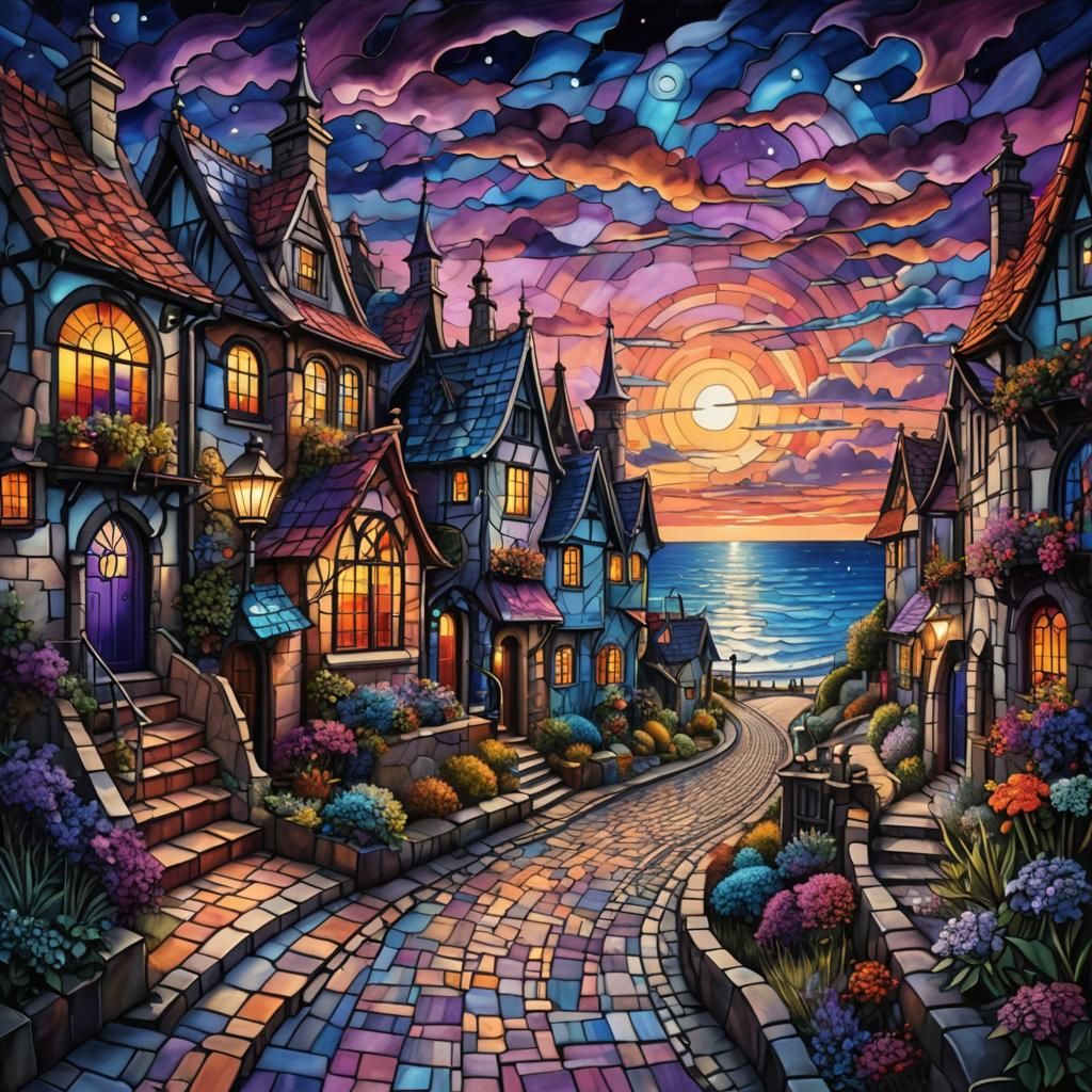Stained Glass Road Through Surreal Village