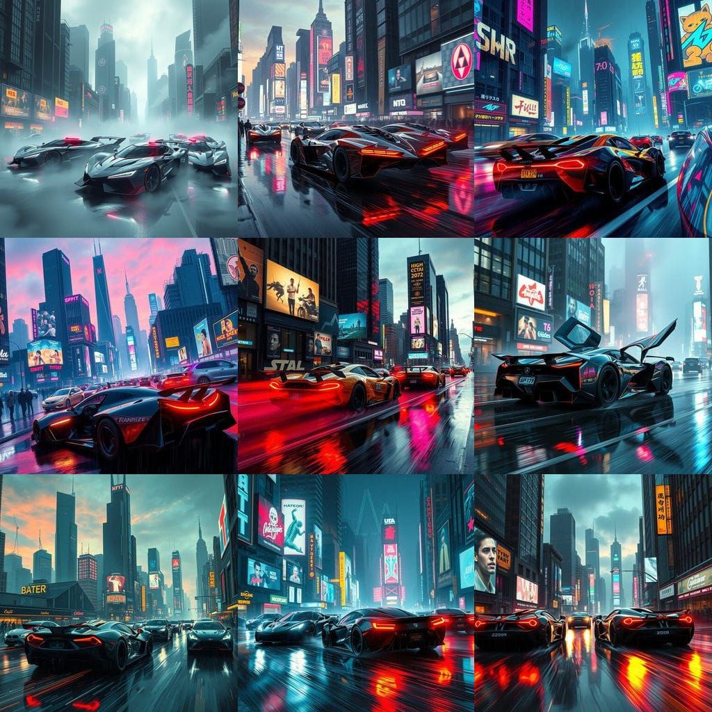 Cyberpunk Supercars in Neon Lit Cityscape