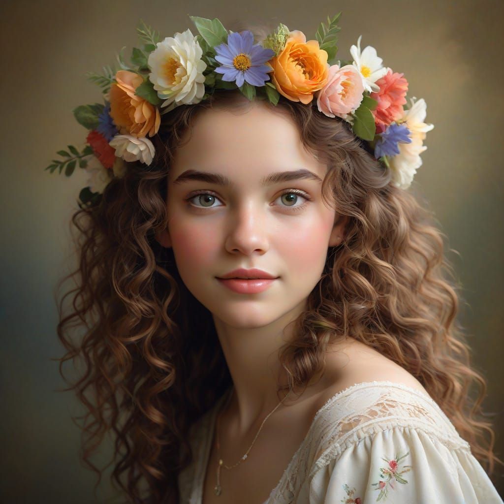 Serene Young Woman with Floral Wreath in Hair, in Studio Set...