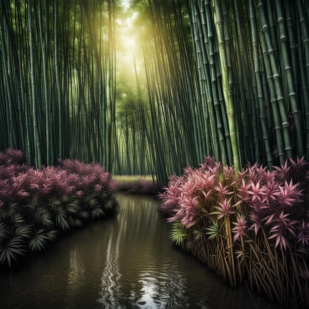 Hyperrealistic Bamboo Forest Swamp with Flowers