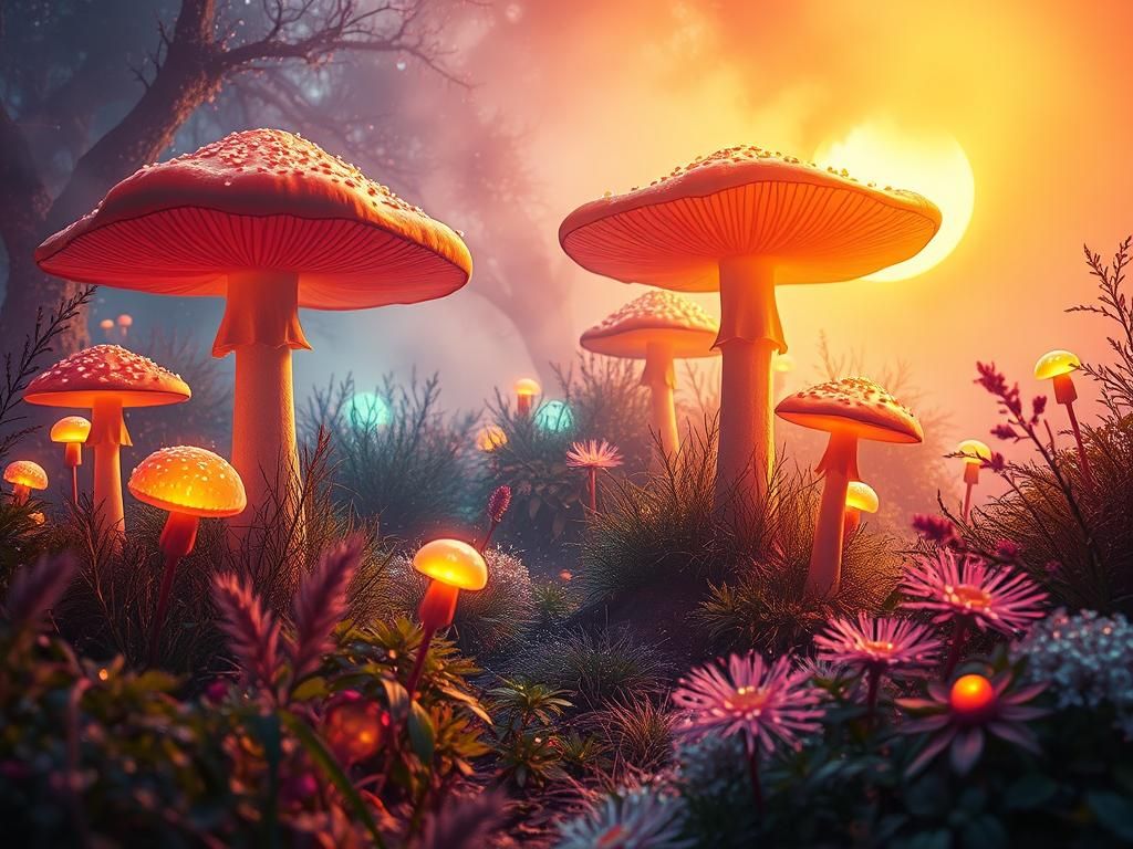 Dreamlike Garden with Glowing Mushrooms in Synthwave Style