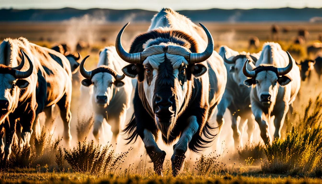 A herd of Buffalo stampeding across the grassland prairie