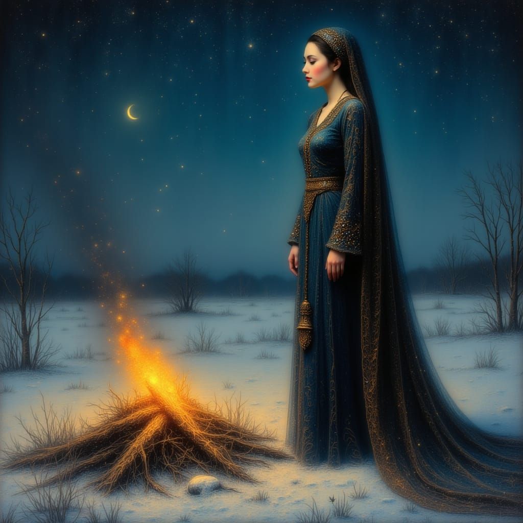 Tsarina in Starry Tundra with Bonfire, Melancholic Art Style
