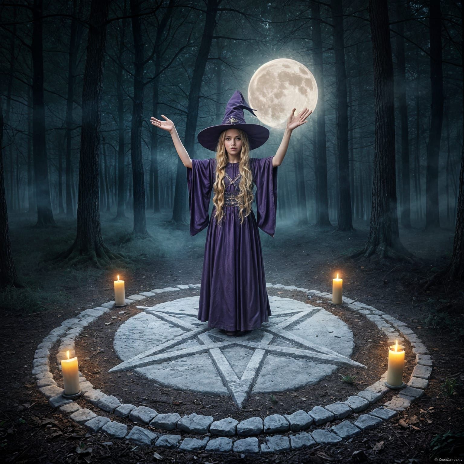 Haunting Forest Witchcraft Ritual Under Full Moon