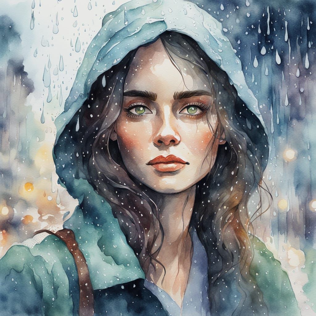 Girl Slipping in Rain: Watercolor Pastel Painting