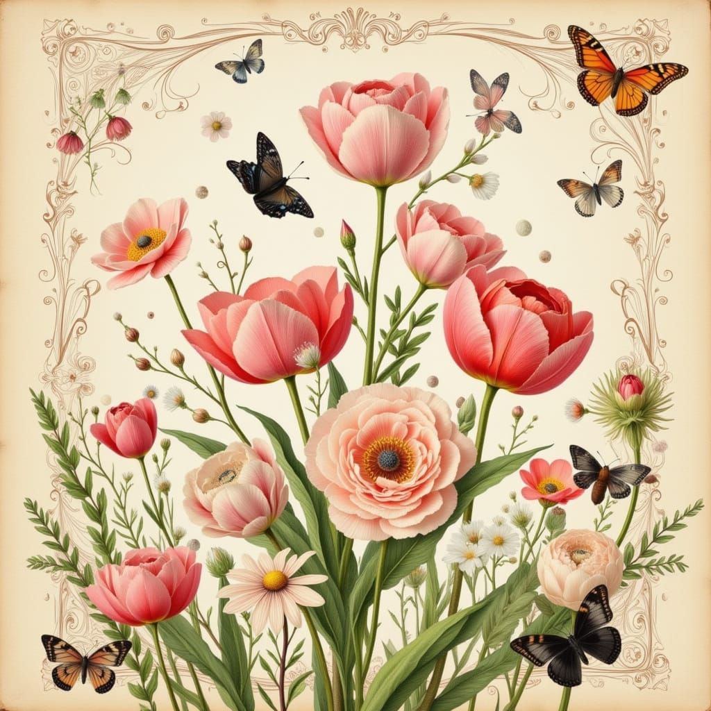 Vintage Tulip Botanical Illustration with Butterflies