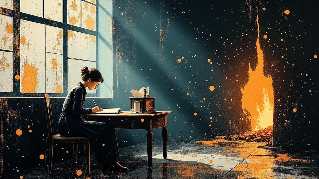 Writer at Desk with Fireplace and Rainbow Prisms