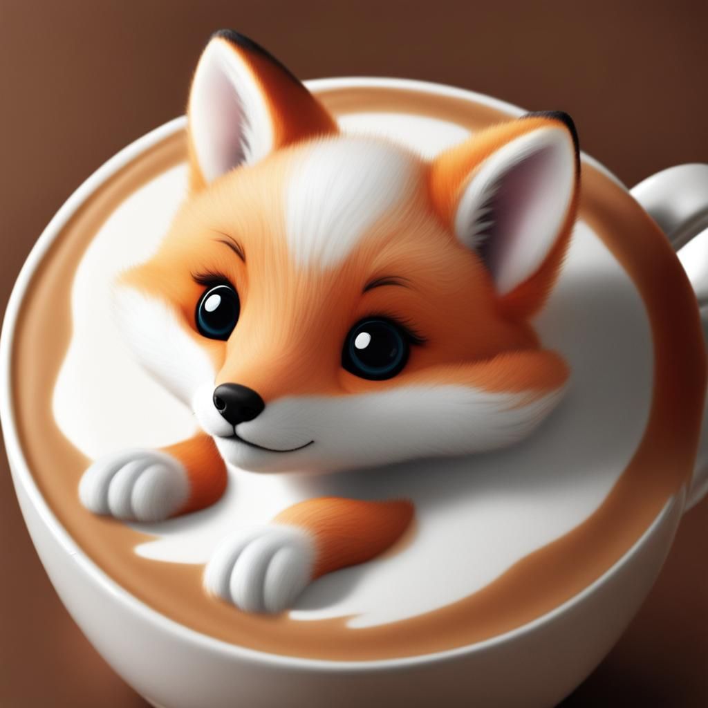 Cute Baby Fox Sipping Coffee