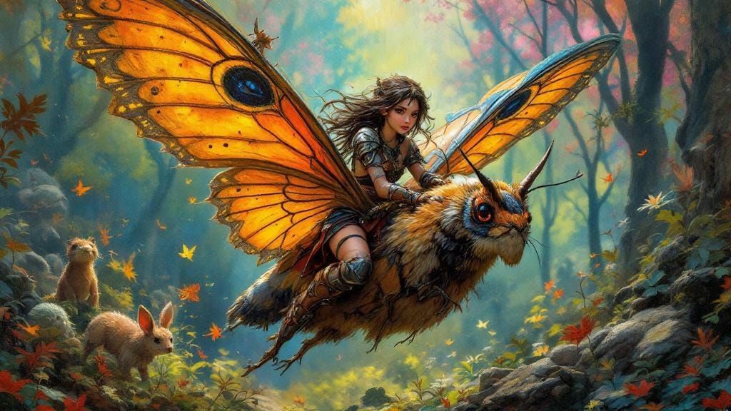 Pixie Princess on Moth in Enchanted Forest