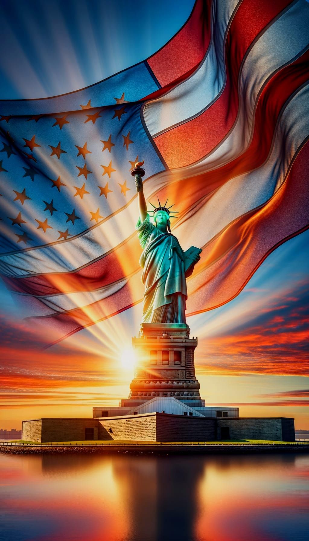 Statue of Liberty Sunrise with Transparent American Flag