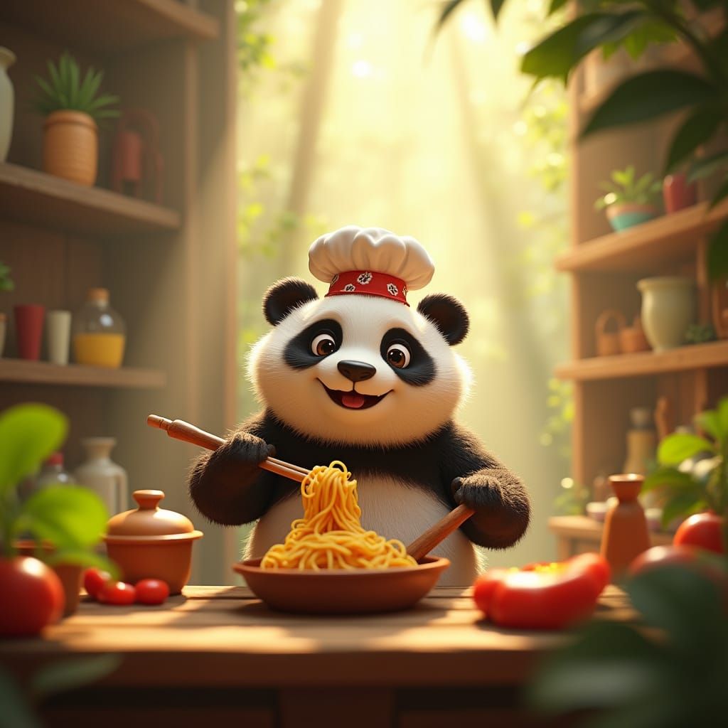 Panda Chef Cooking Noodles in Forest Kitchen