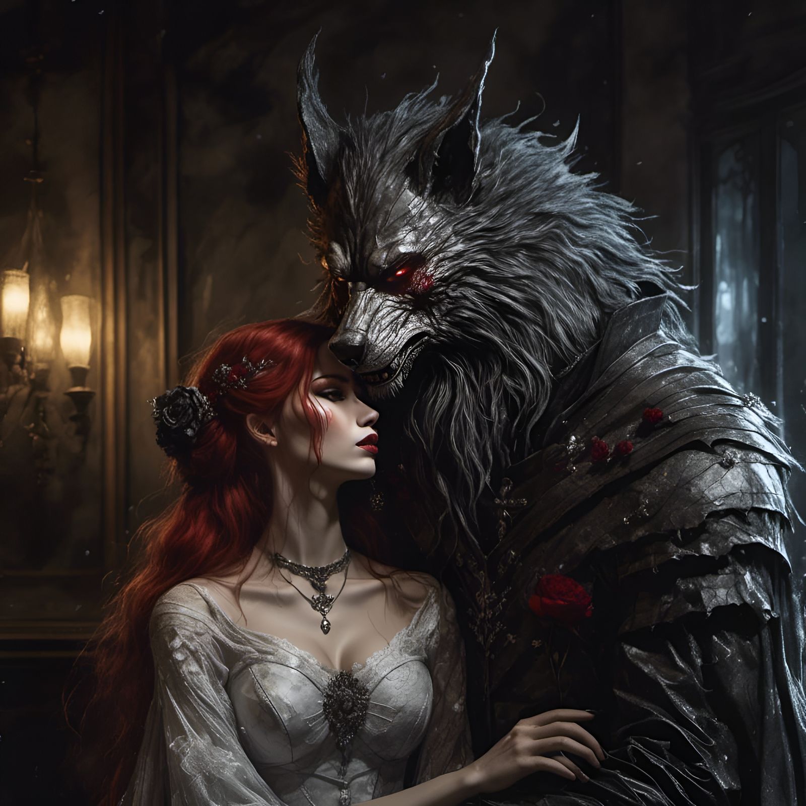 Gothic Werewolf and Bride: An Abstract Ink Drawing