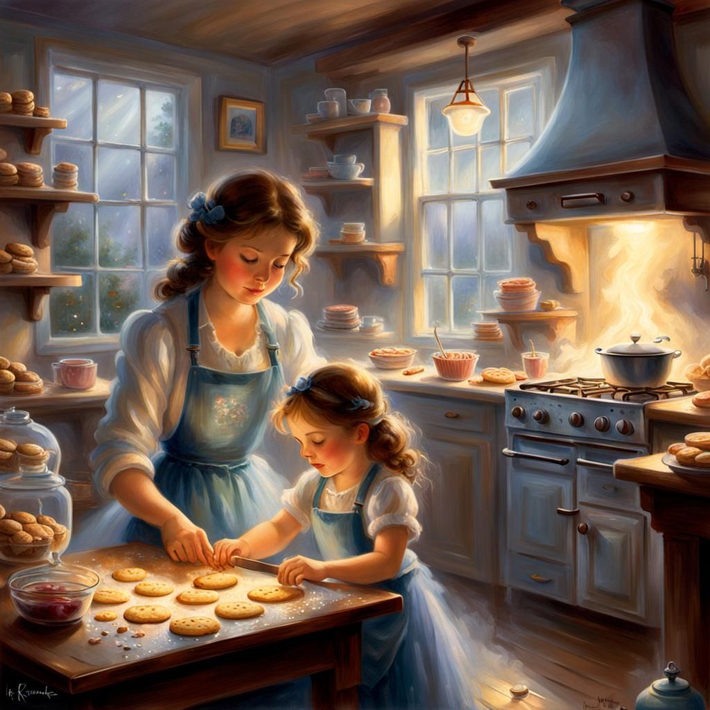 Mother and Daughter Baking: Ethereal Fantasy Art