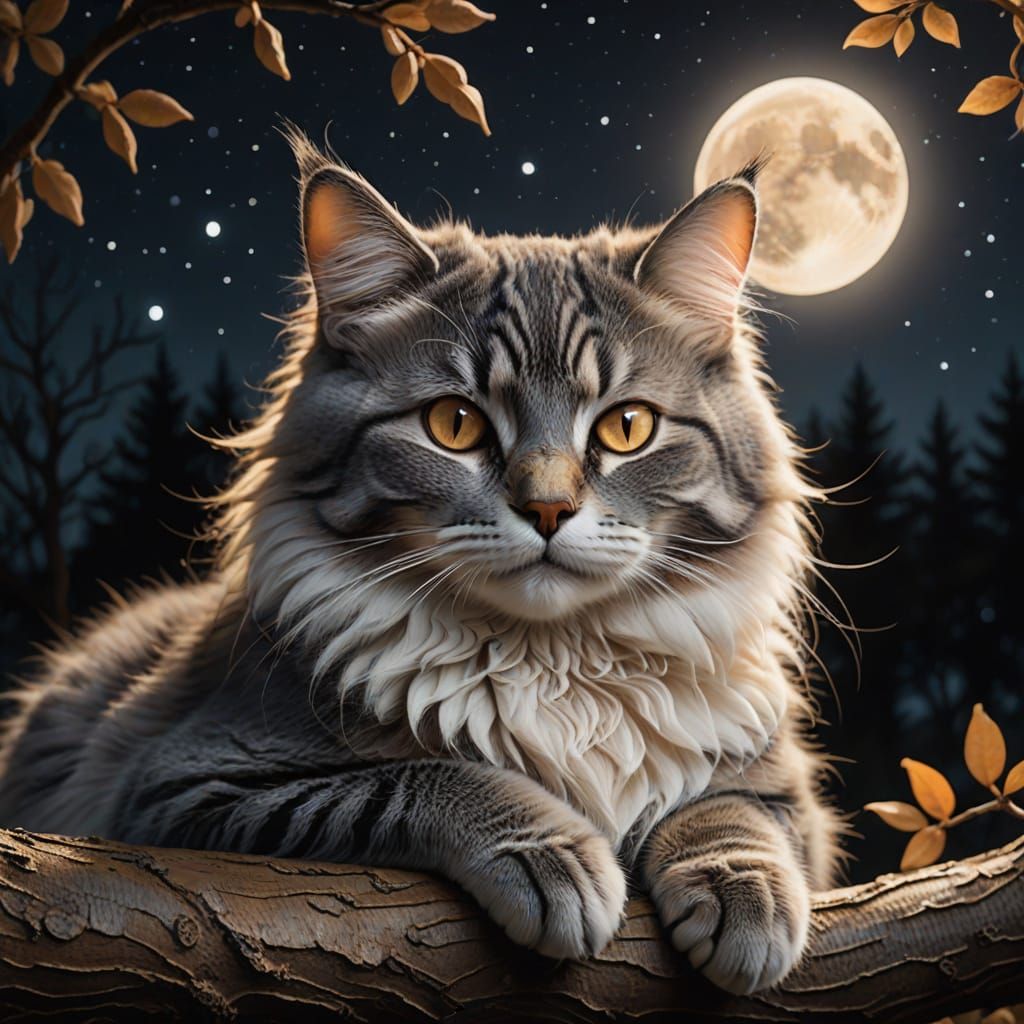 Peaceful Grey Cat on Gnarled Tree Branch in Moonlit Night