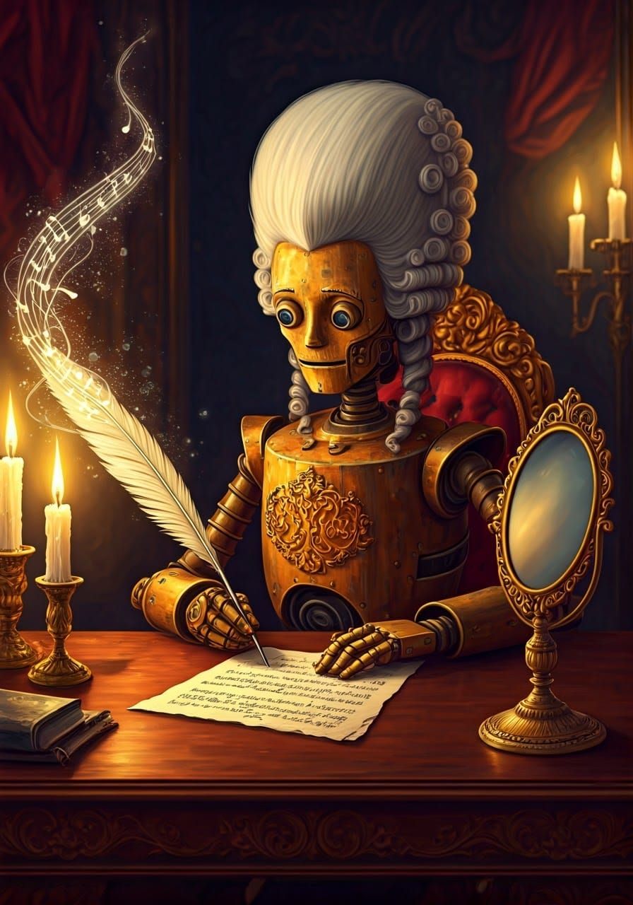 Steampunk Robot Composer in Baroque Chamber