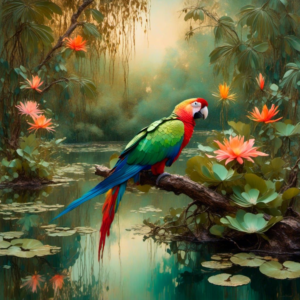 Tropical Parrot in Rousseau Style with Lush Foliage