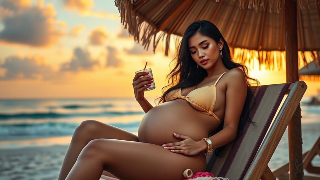 Pregnant Woman in Paradise: Hyperrealistic Beach Scene