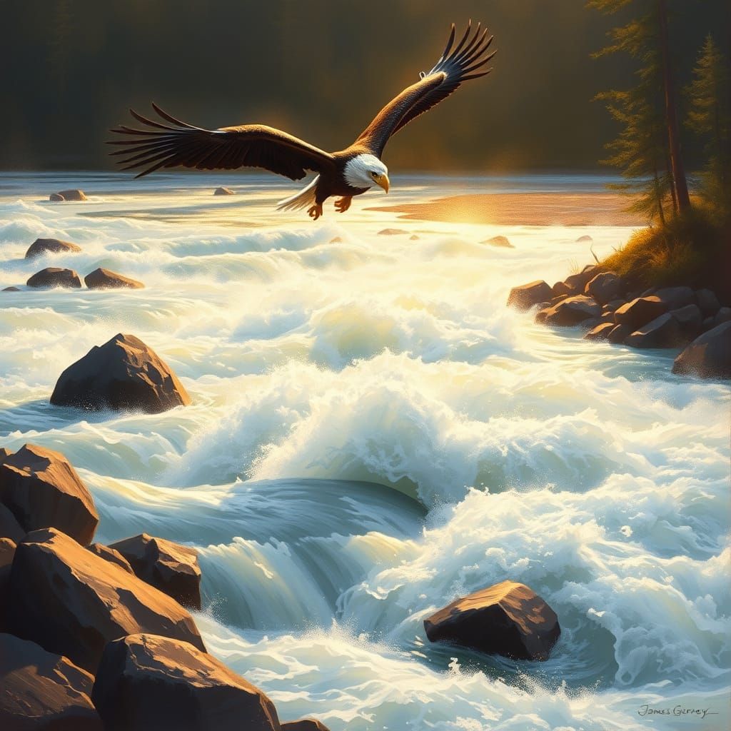 Bald Eagle Flight Above Turbulent River