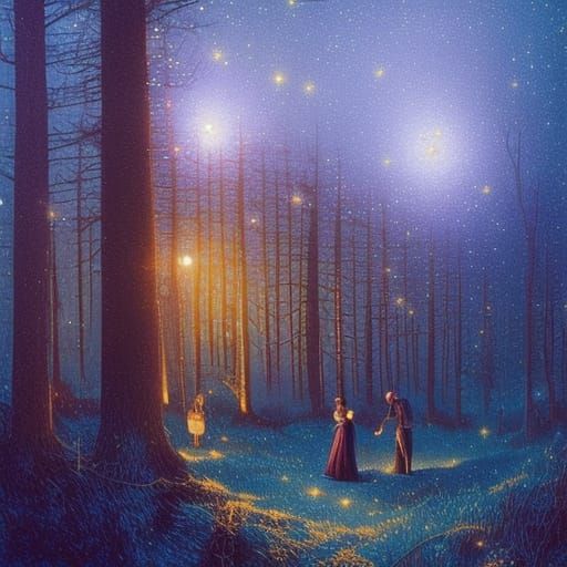 Bright Stars Over Forest Village in Neovictorian Style