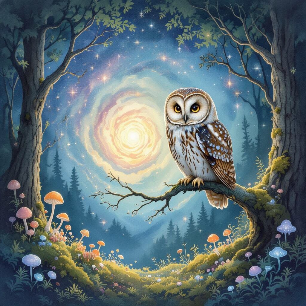 Cosmic Owl Perched on Starlight Branch