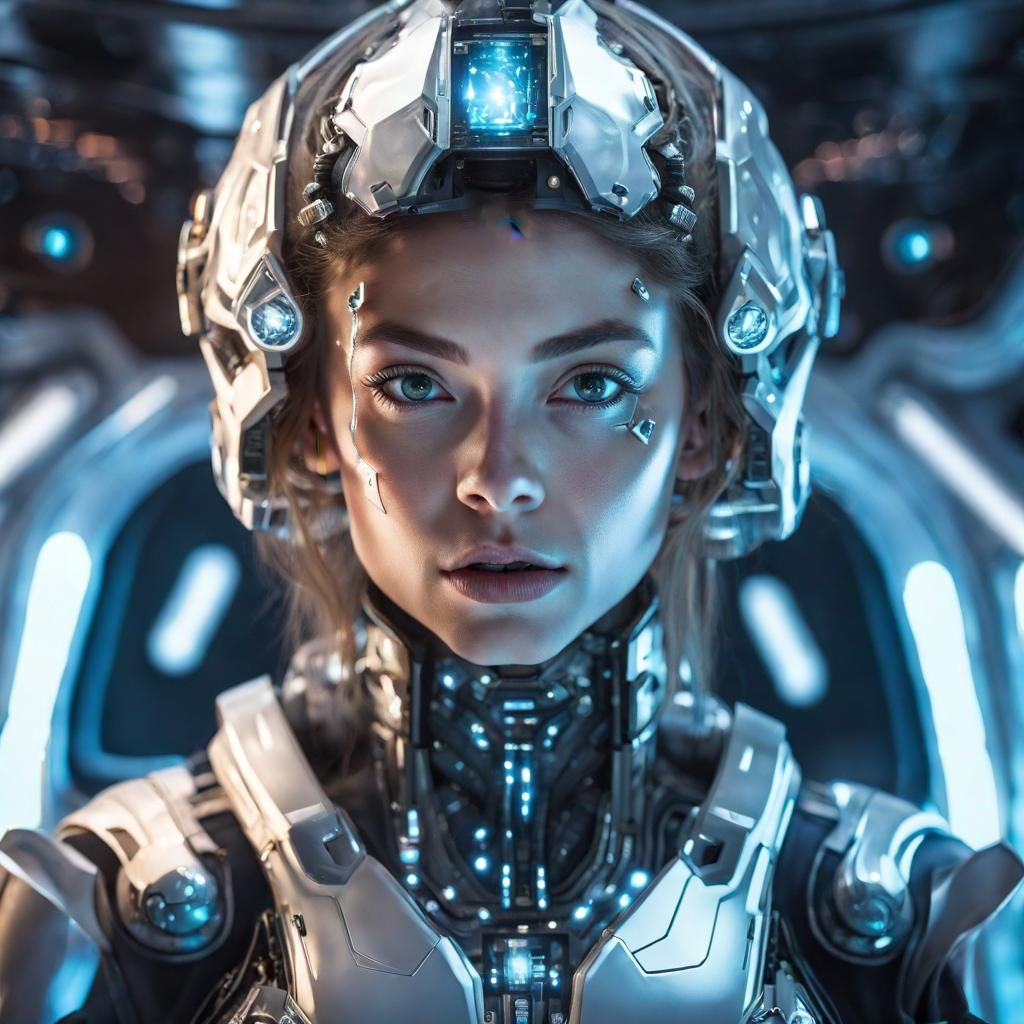 Cyborg Girl in Futuristic Spaceship Control Room