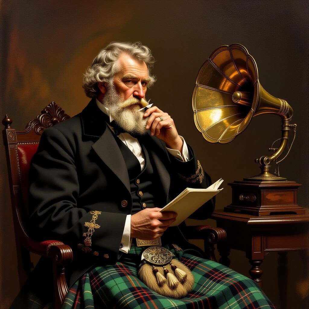 Scottish Poet McGonagall Listens to Gramophone in Oil Painti...