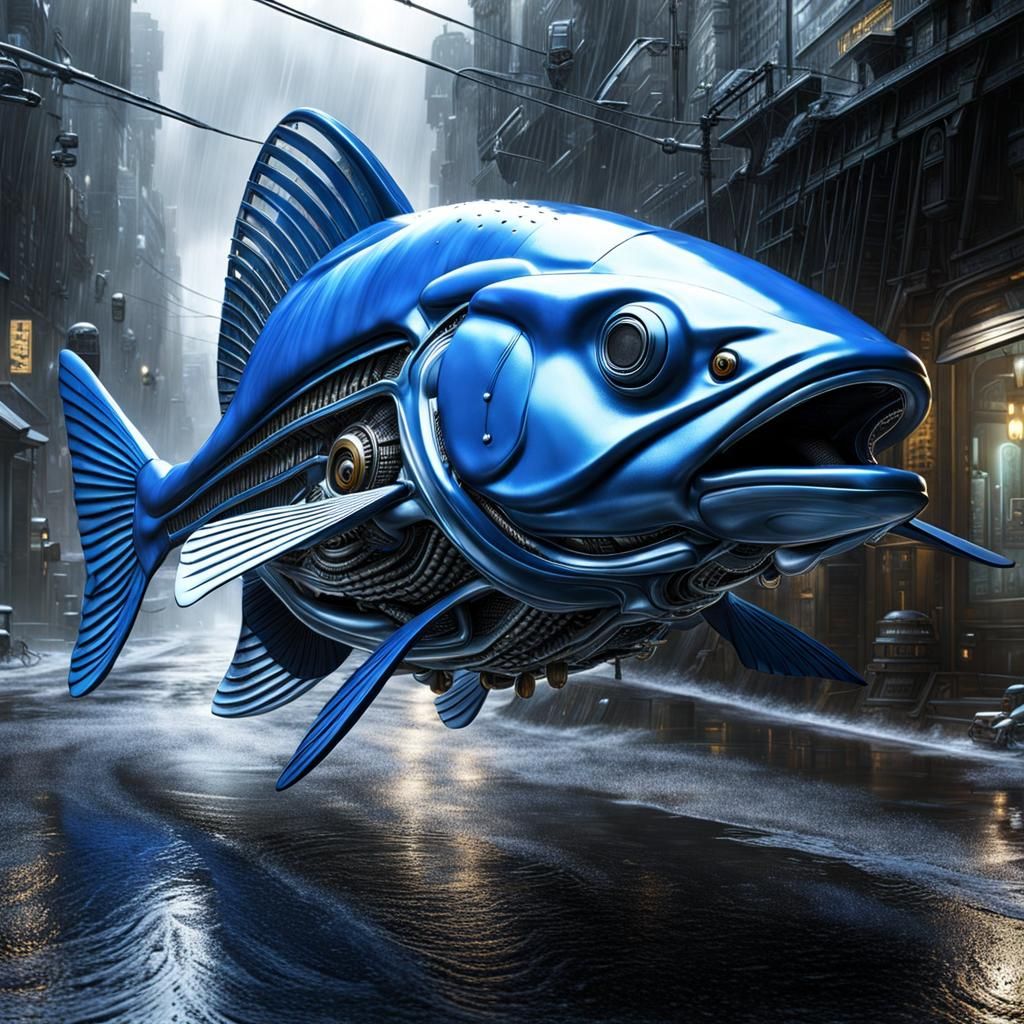 Biomechanical Blue Cod in Dystopian Cityscape