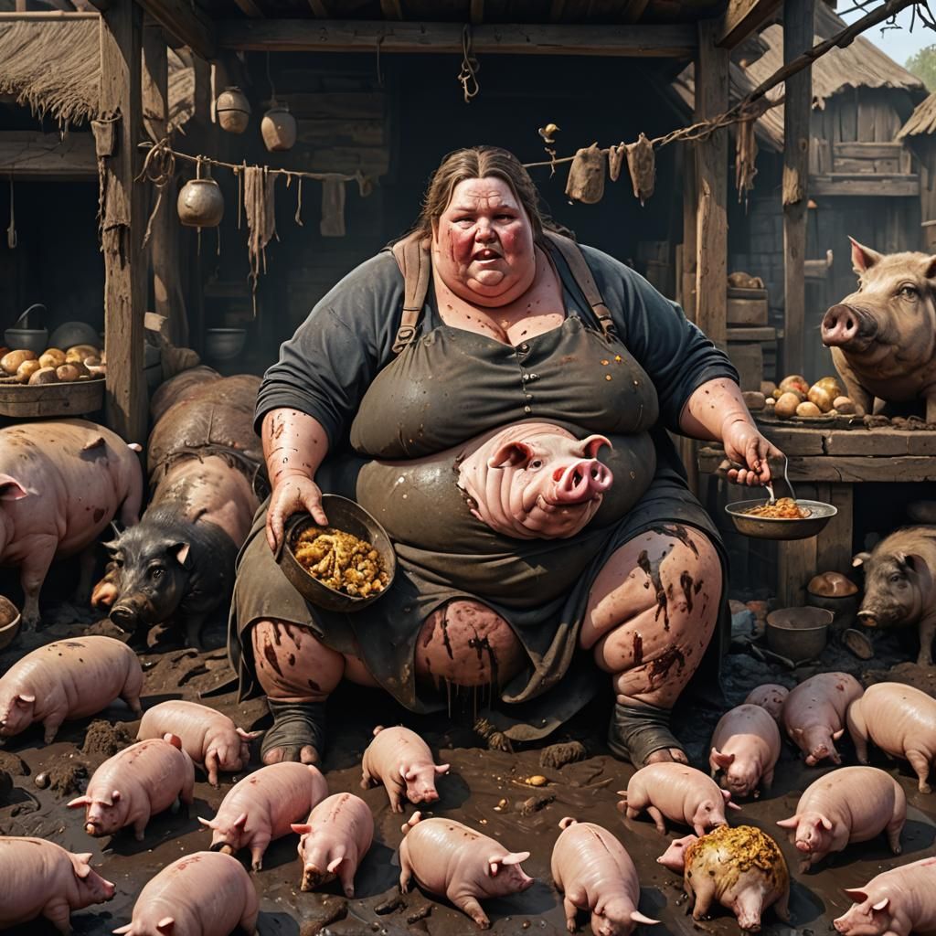 Morbidly Obese Woman Eats Pig: Matte Painting