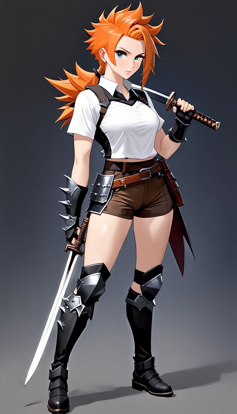 Demonic Armored Woman with Katana in Wakfu Style