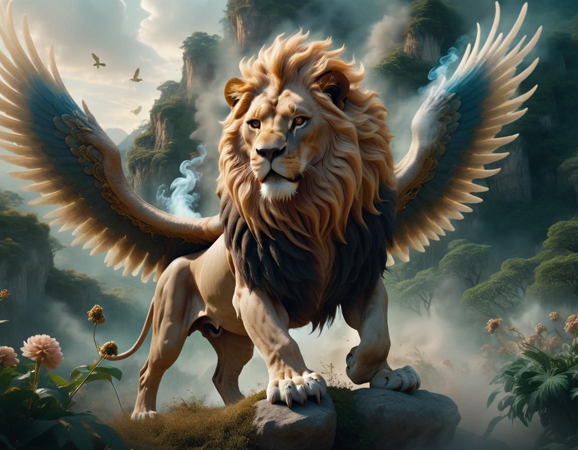 Ethereal Winged Lion in Dreamlike Landscape