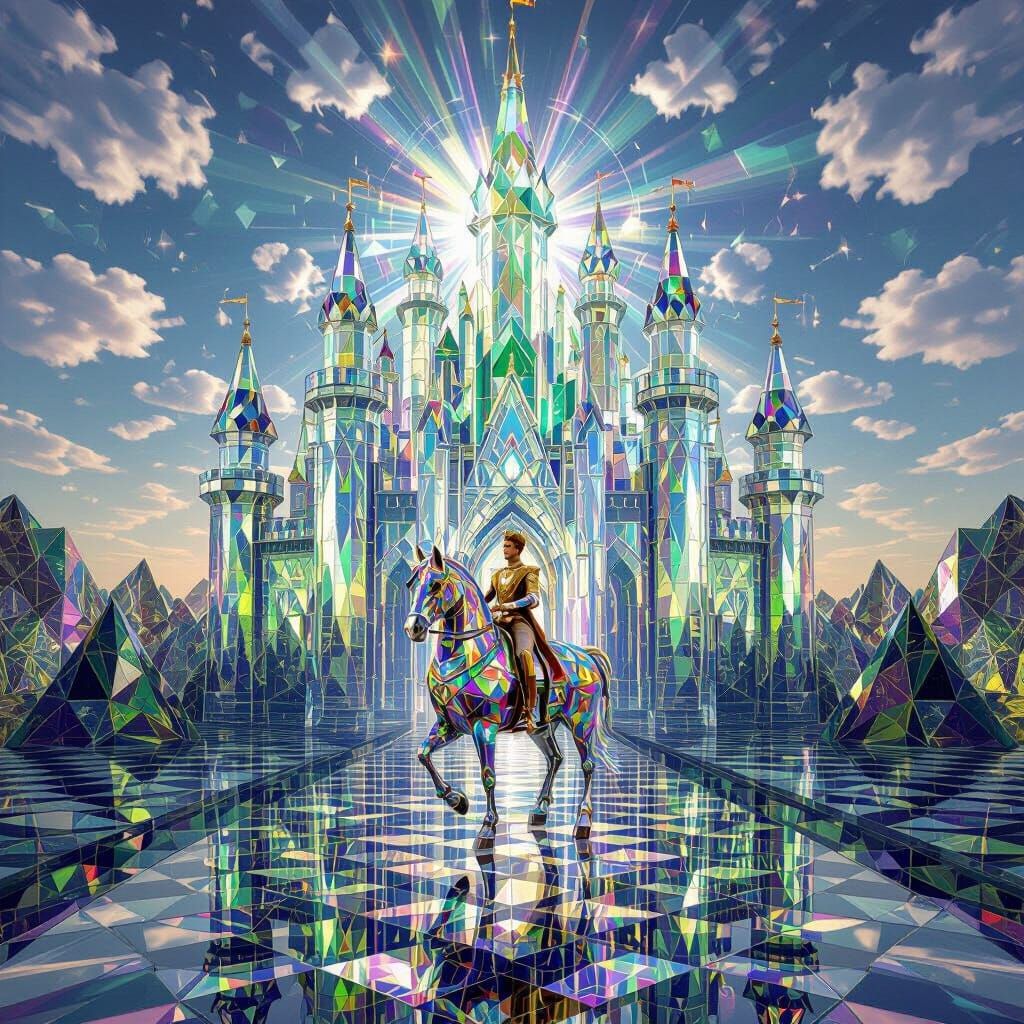 A magnificent crystal castle rising from a mirrored, kaleido...