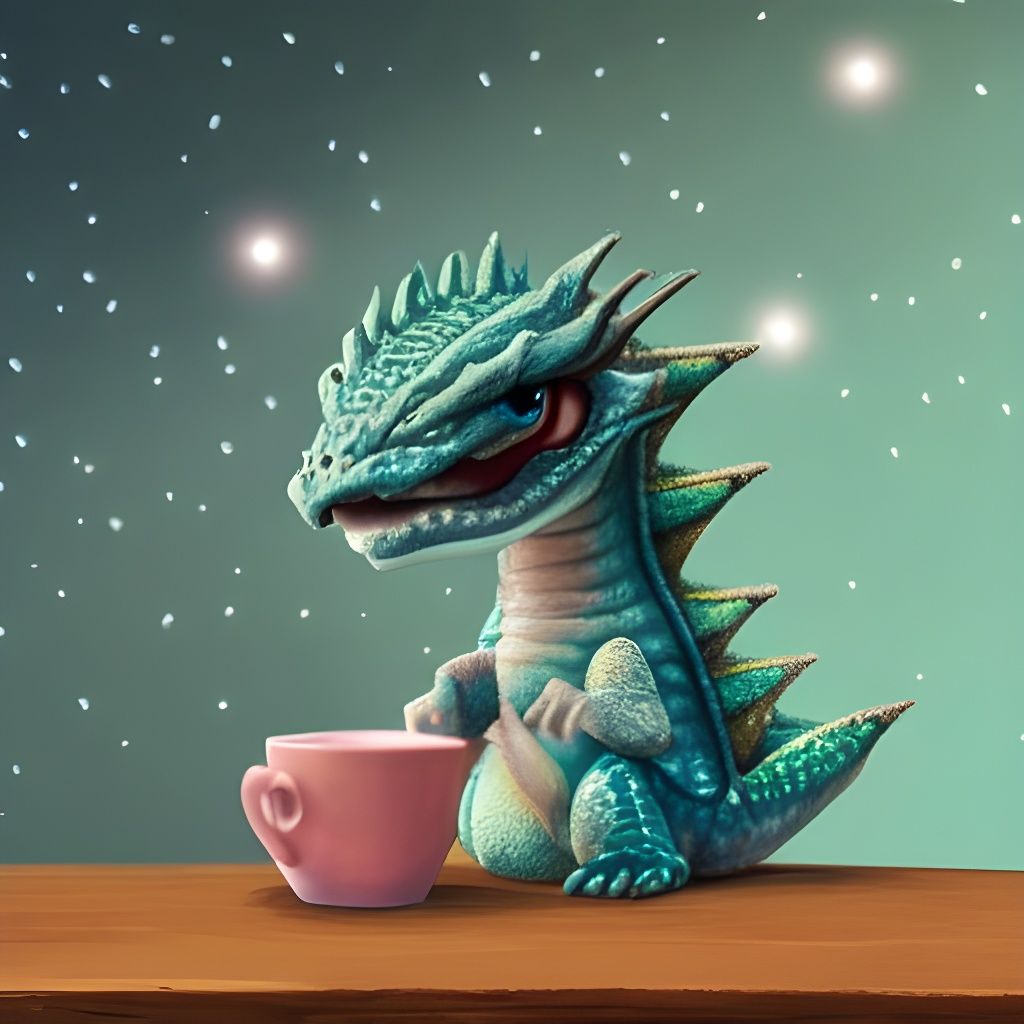 Cute Baby Dragon at Night Cafe