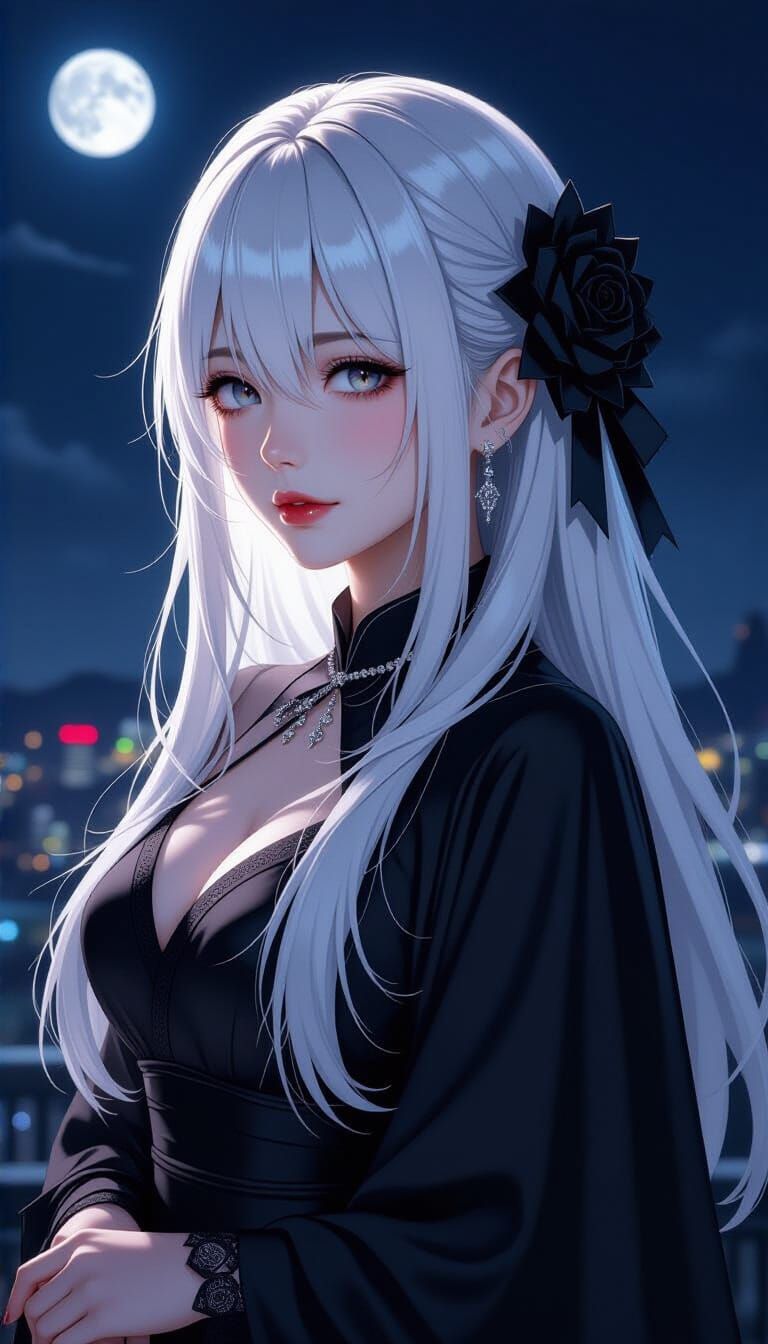 Mature Japanese Woman with White Hair Under Moon