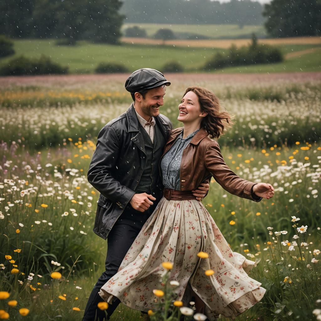Couple Dancing in Rainy Flower Field Photograph