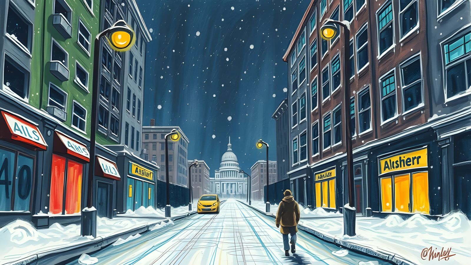 Whimsical Dystopian Cityscape in Crayon, Nighttime Winter Wo...