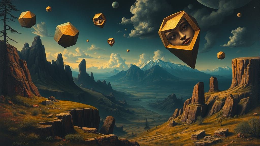 Surreal landscape with floating geometric shapes and hidden faces