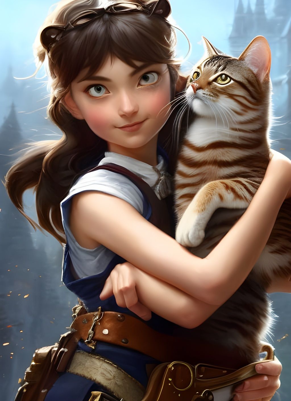 Girl Hugging Cat: Realistic Digital Art Portrait