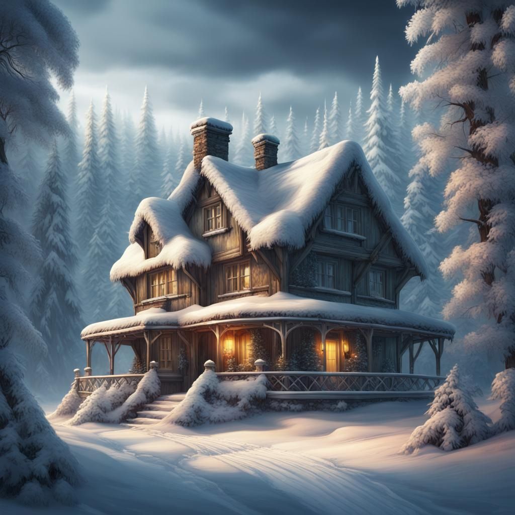 Winter Cottage in Snowy Forest: Digital Matte Painting