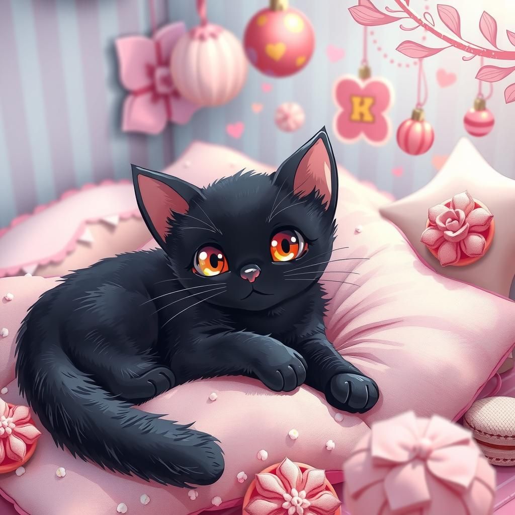 Adorable Anime Cat Surrounded by Sweets