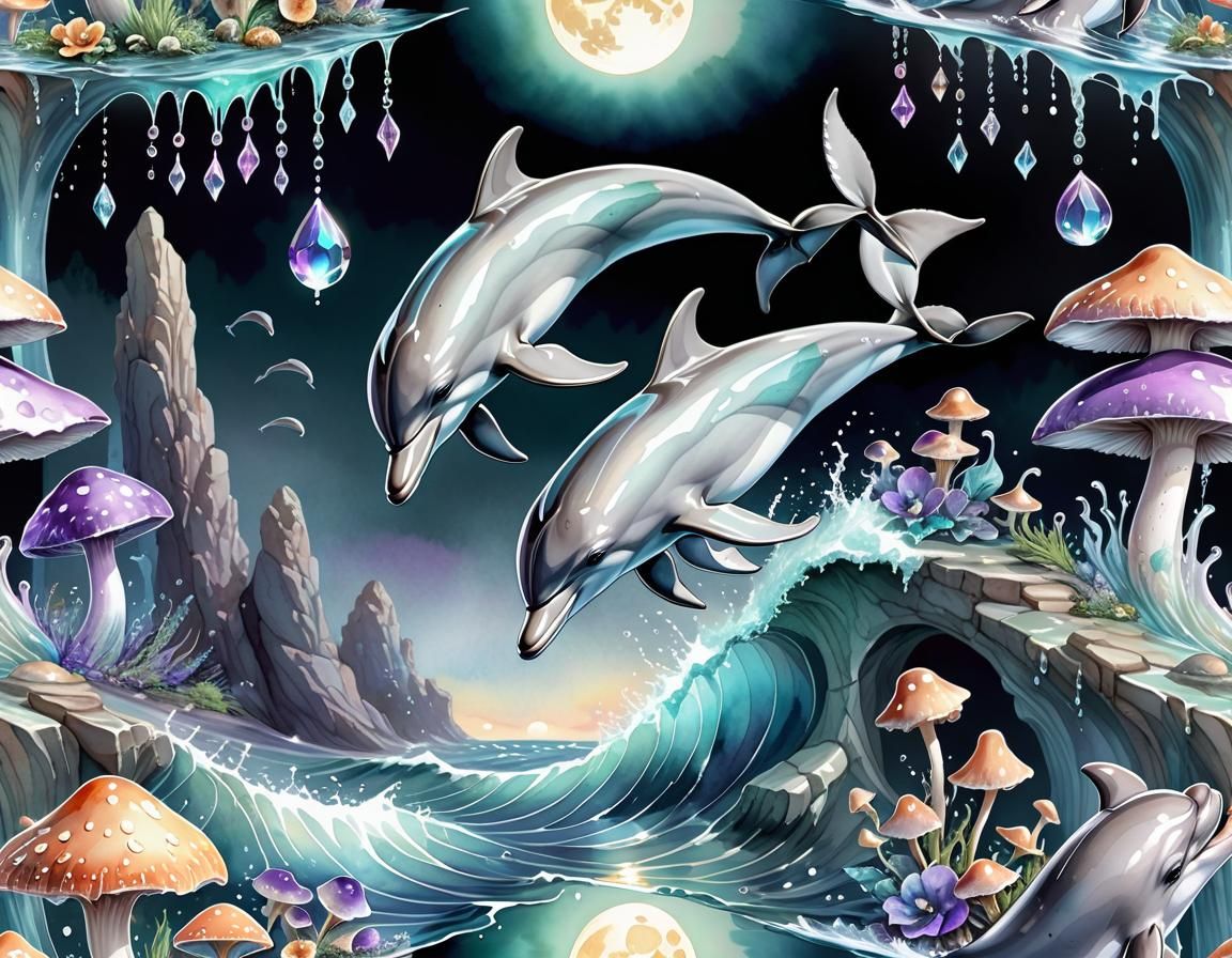 Dolphins and Gaming PCs in Watercolour Style