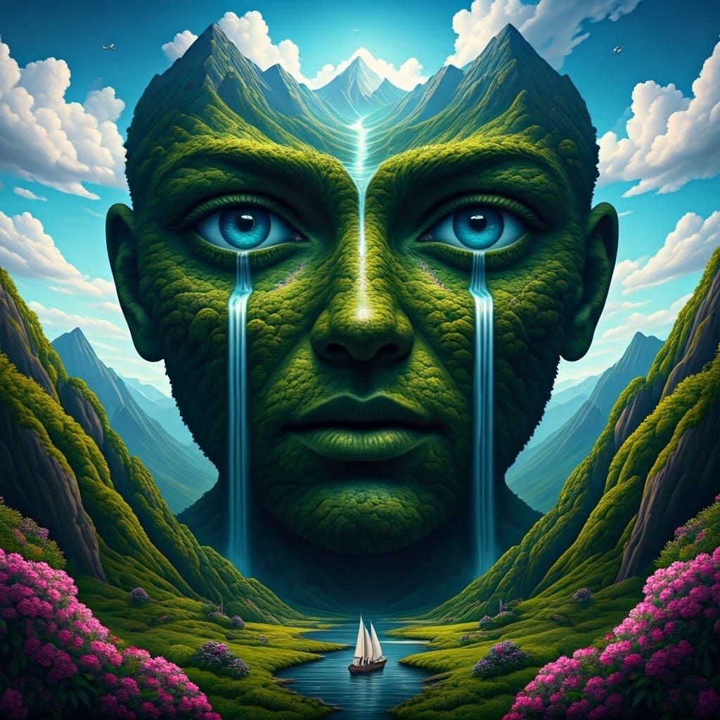 Verdant Mountain Face: Surreal Landscape Art