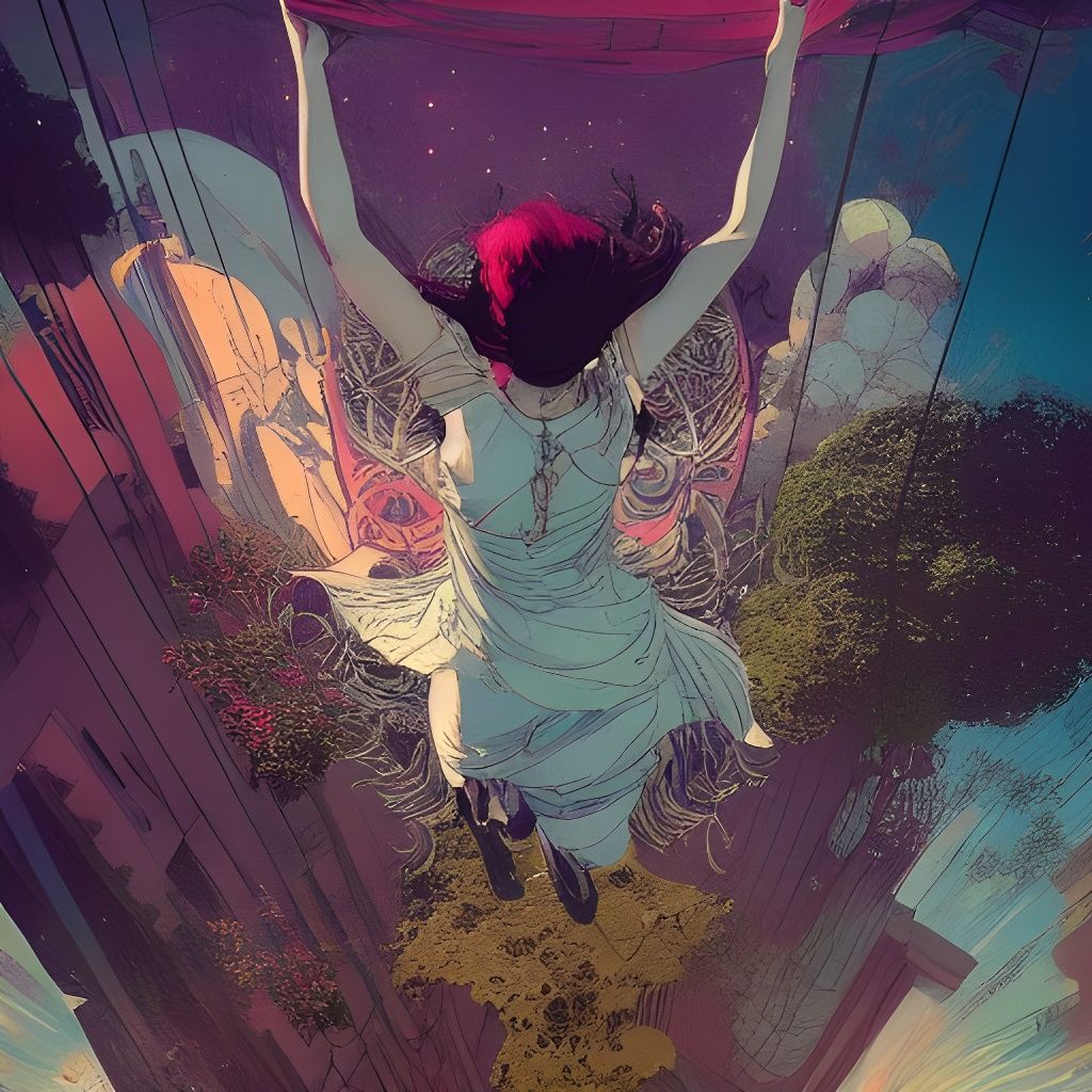 Goddess Free-Falling at Sunset: Intricate Matte Painting