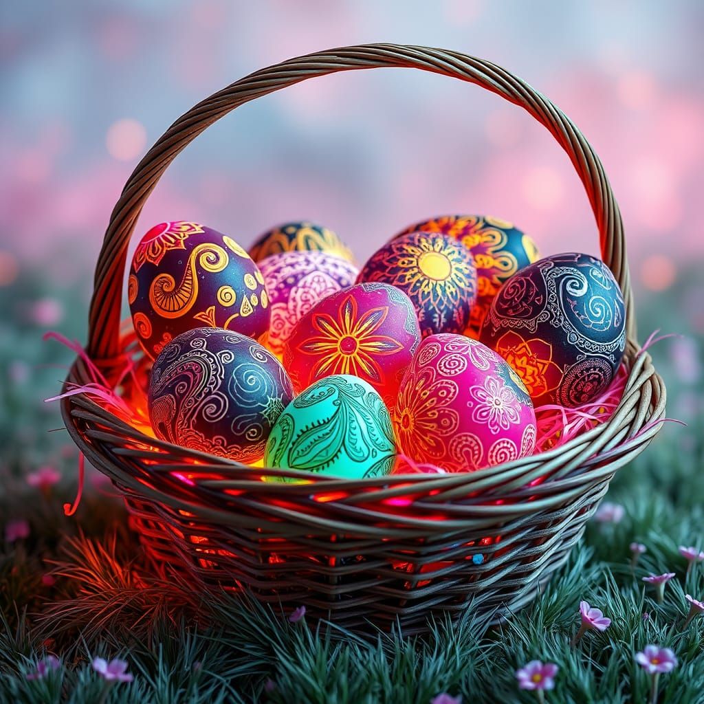 Surreal Easter Basket Blooms with Glowing Neon Fractal Eggs
