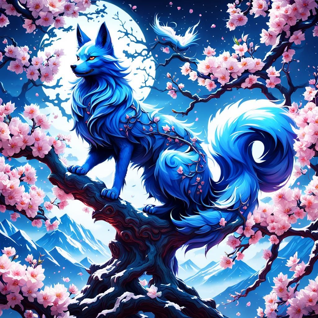 Blue Kitsune in Blossoming Cherry Tree