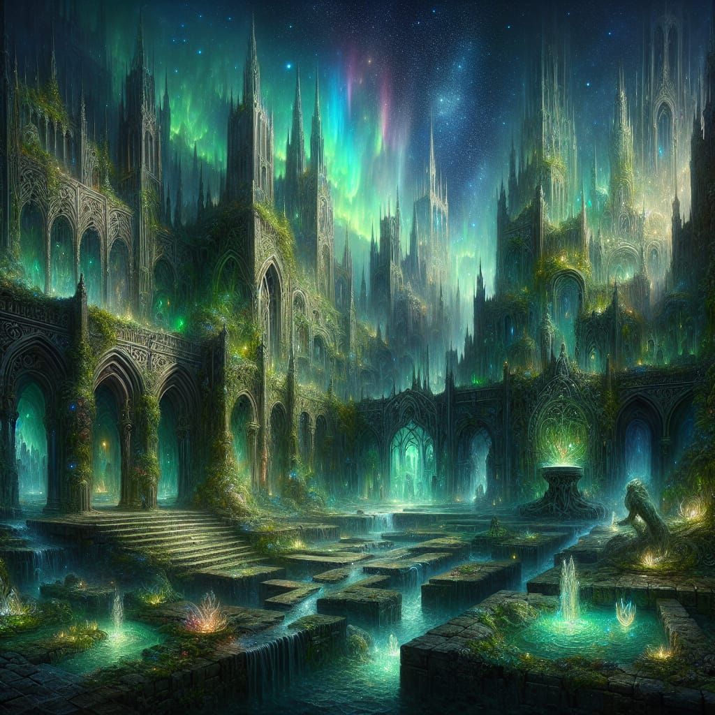 Aurora Borealis Illuminates Lost City Reclaimed by Nature