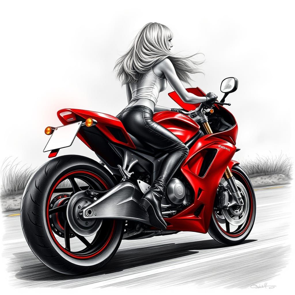 Girl on Motorcycle: Realistic Pencil Style