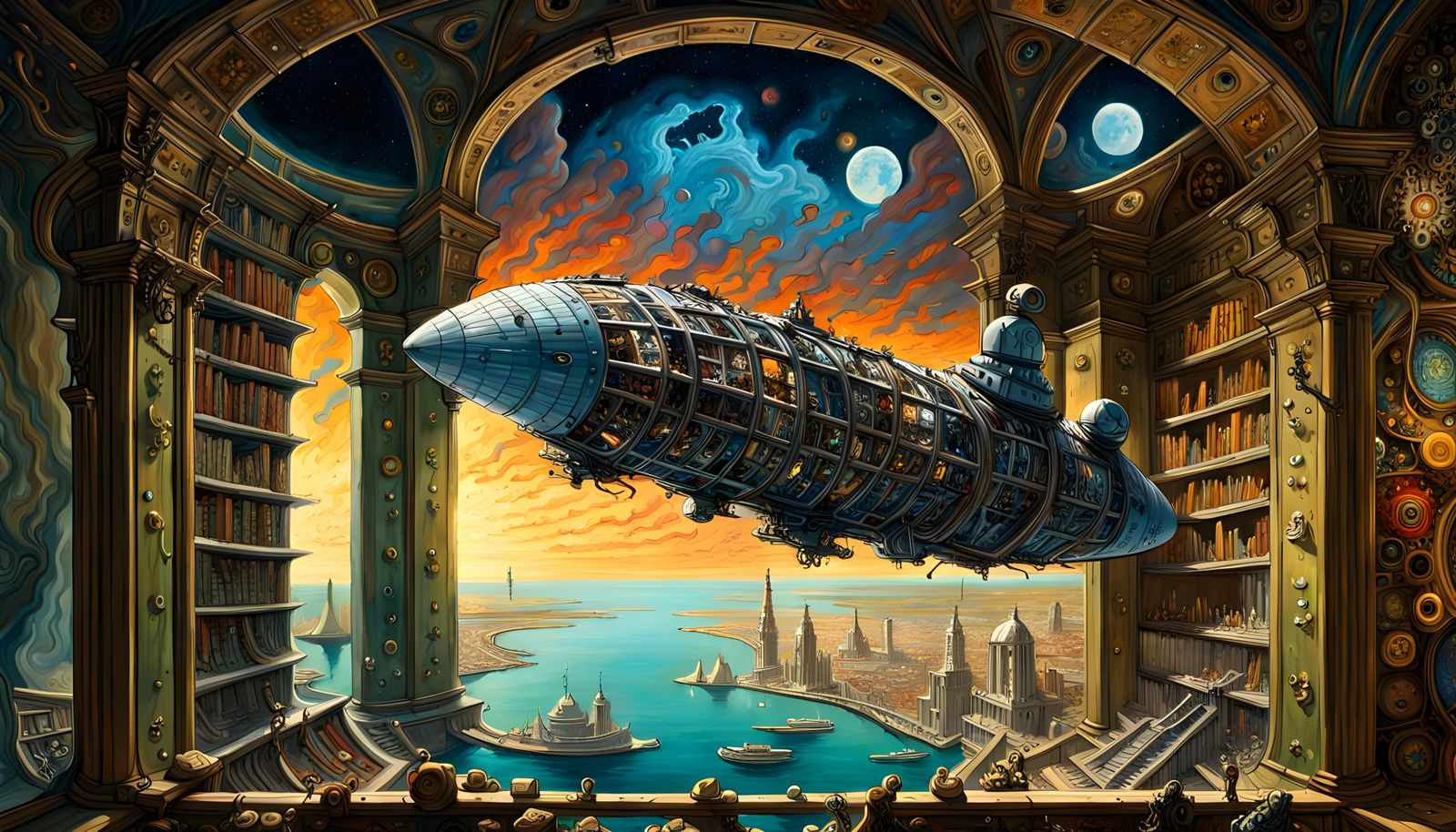 The Flying Dutchman in Steampunk Ruins of Ancient Library